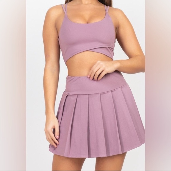 Purple matching crop top & pleated athletic tennis golf skirt workout set sz M - Picture 1 of 12
